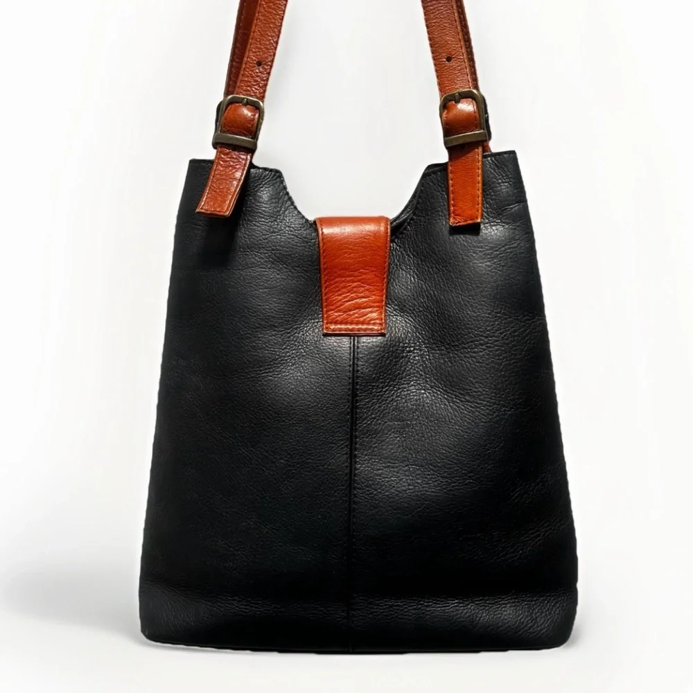 Hara Daviny Genuine Leather Vintage Shoulder Bag Black Brown Double Handle Purse